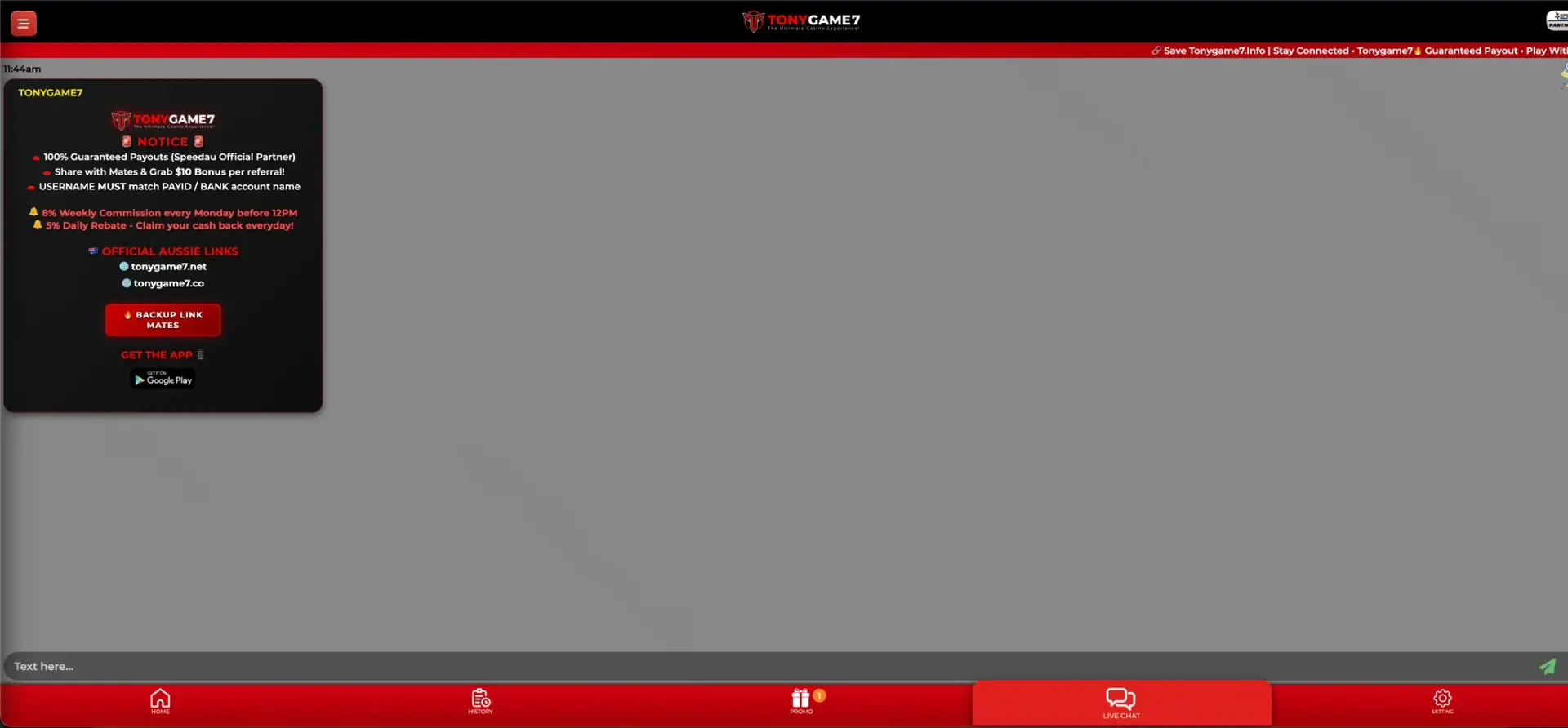 Tonygame7 live chat and account support panel