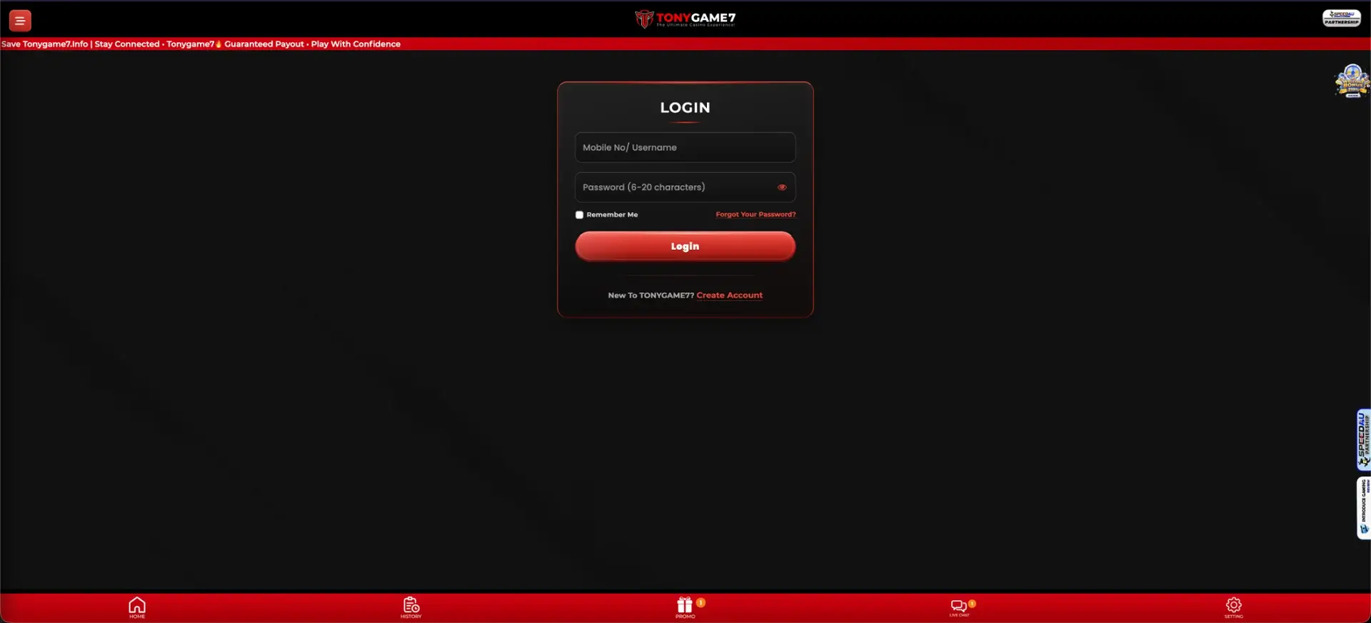 Tonygame7 account login form