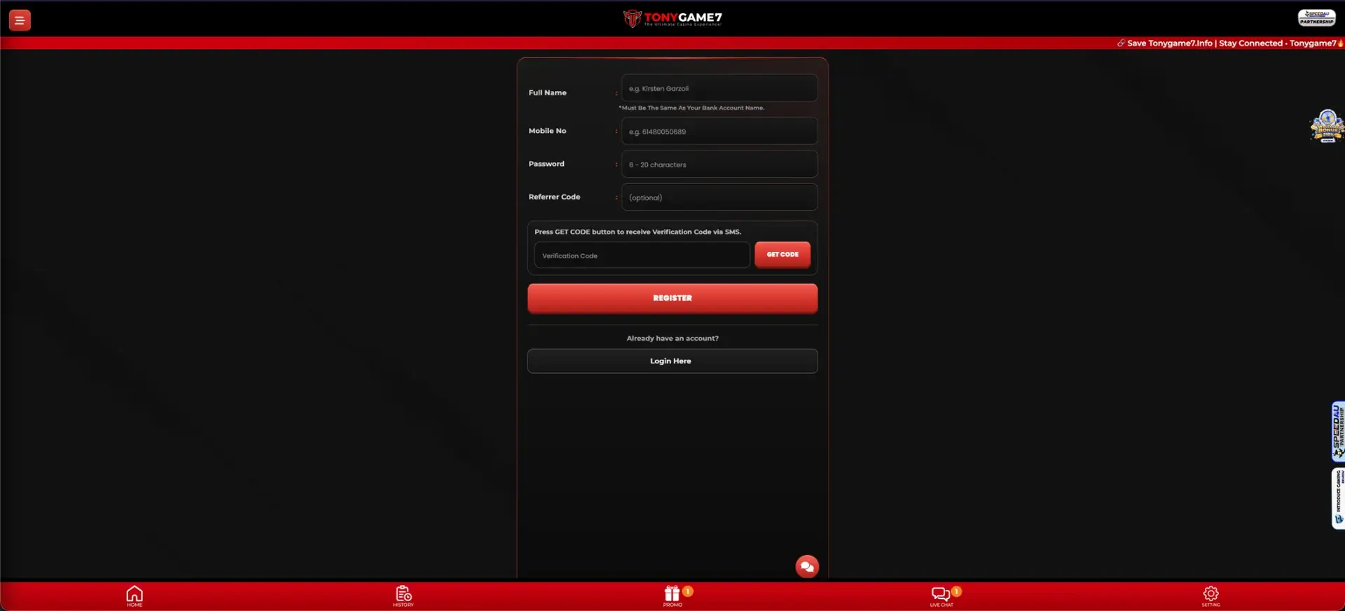 Tonygame7 account registration form